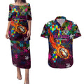 Sea Eagles Autism Awareness Couples Matching Puletasi and Hawaiian Shirt Puzzle Flames Rugby Ball