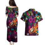 Sea Eagles Autism Awareness Couples Matching Puletasi and Hawaiian Shirt Puzzle Flames Rugby Ball