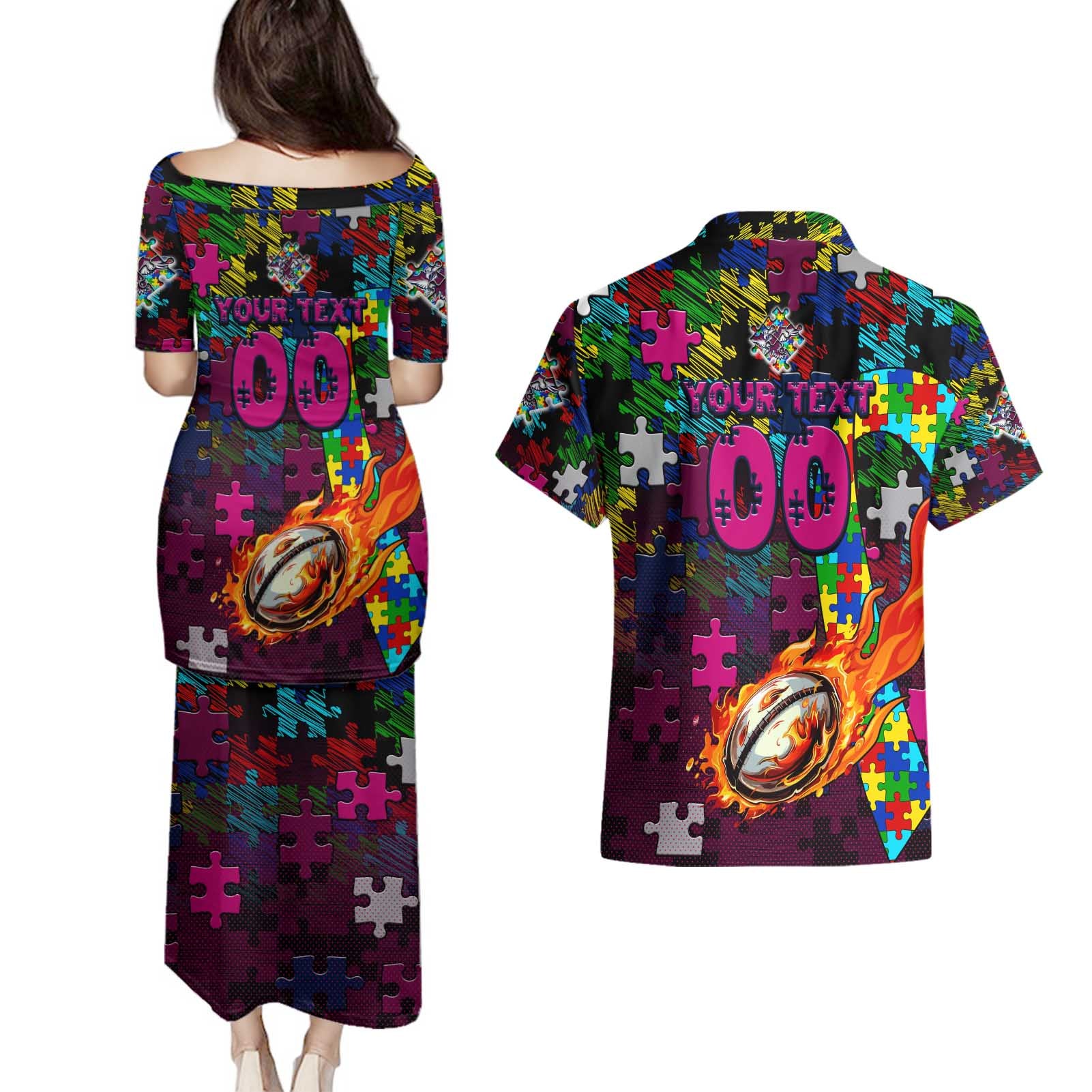Sea Eagles Autism Awareness Couples Matching Puletasi and Hawaiian Shirt Puzzle Flames Rugby Ball