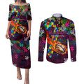 Sea Eagles Autism Awareness Couples Matching Puletasi and Long Sleeve Button Shirt Puzzle Flames Rugby Ball
