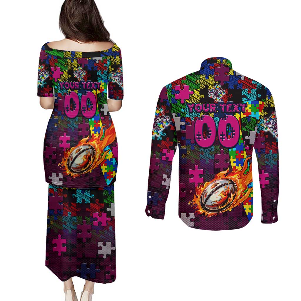 Sea Eagles Autism Awareness Couples Matching Puletasi and Long Sleeve Button Shirt Puzzle Flames Rugby Ball