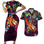 Sea Eagles Autism Awareness Couples Matching Short Sleeve Bodycon Dress and Hawaiian Shirt Puzzle Flames Rugby Ball