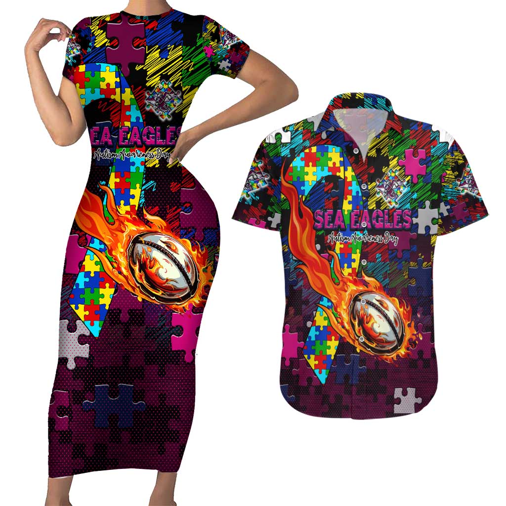 Sea Eagles Autism Awareness Couples Matching Short Sleeve Bodycon Dress and Hawaiian Shirt Puzzle Flames Rugby Ball