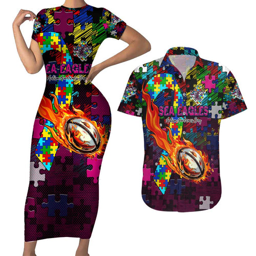 Sea Eagles Autism Awareness Couples Matching Short Sleeve Bodycon Dress and Hawaiian Shirt Puzzle Flames Rugby Ball