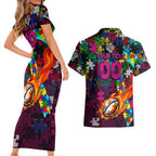 Sea Eagles Autism Awareness Couples Matching Short Sleeve Bodycon Dress and Hawaiian Shirt Puzzle Flames Rugby Ball