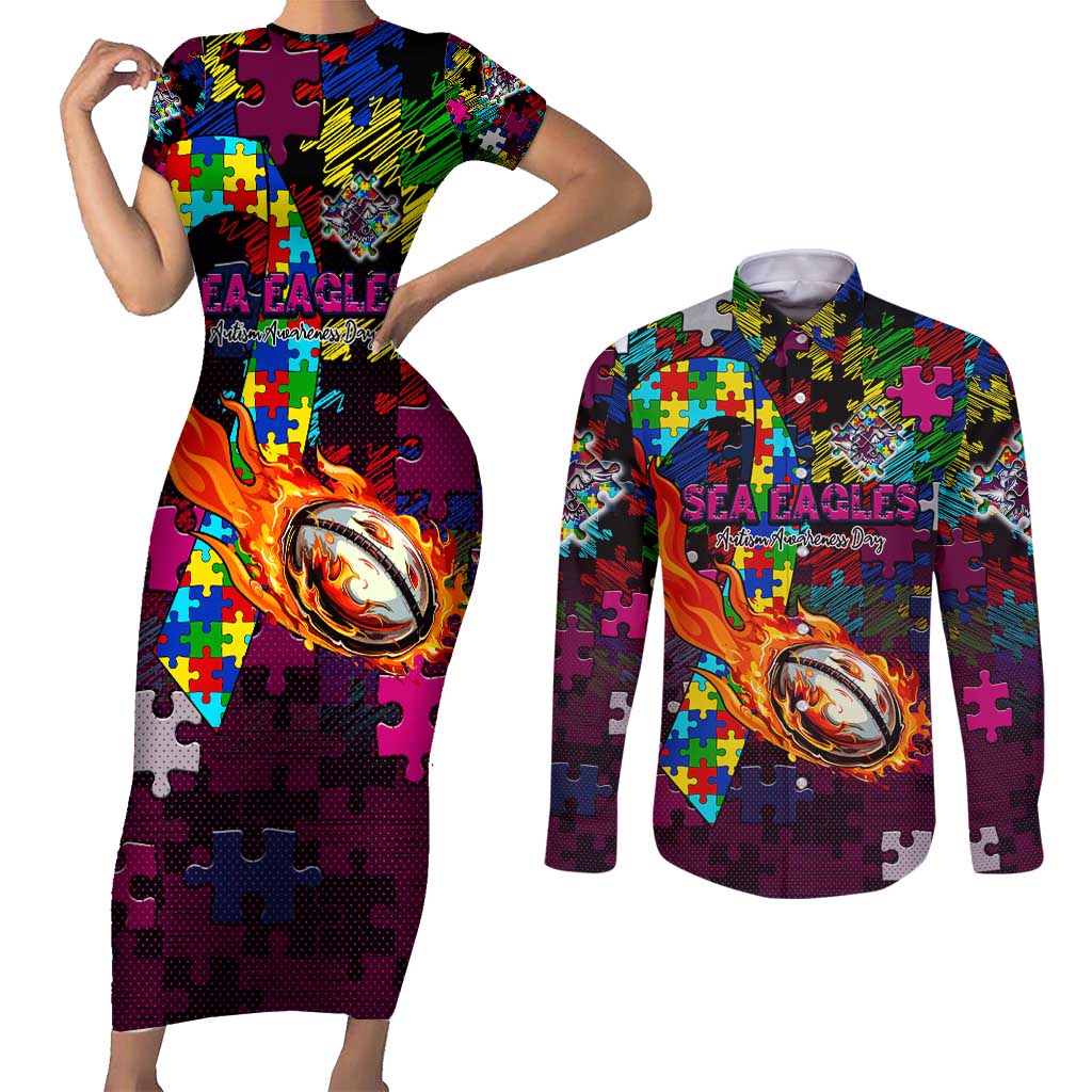 Sea Eagles Autism Awareness Couples Matching Short Sleeve Bodycon Dress and Long Sleeve Button Shirt Puzzle Flames Rugby Ball