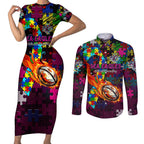 Sea Eagles Autism Awareness Couples Matching Short Sleeve Bodycon Dress and Long Sleeve Button Shirt Puzzle Flames Rugby Ball