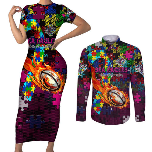 Sea Eagles Autism Awareness Couples Matching Short Sleeve Bodycon Dress and Long Sleeve Button Shirt Puzzle Flames Rugby Ball