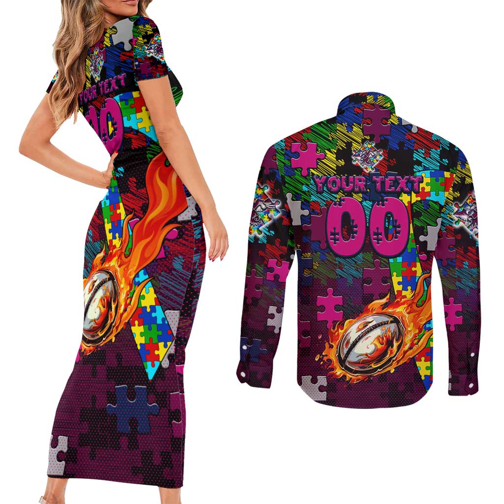Sea Eagles Autism Awareness Couples Matching Short Sleeve Bodycon Dress and Long Sleeve Button Shirt Puzzle Flames Rugby Ball