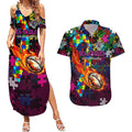 Sea Eagles Autism Awareness Couples Matching Summer Maxi Dress and Hawaiian Shirt Puzzle Flames Rugby Ball