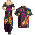 Sea Eagles Autism Awareness Couples Matching Summer Maxi Dress and Hawaiian Shirt Puzzle Flames Rugby Ball