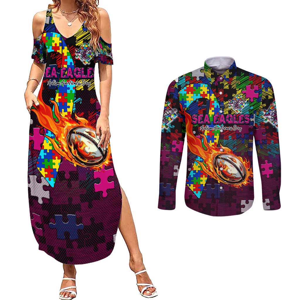 Sea Eagles Autism Awareness Couples Matching Summer Maxi Dress and Long Sleeve Button Shirt Puzzle Flames Rugby Ball