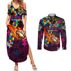 Sea Eagles Autism Awareness Couples Matching Summer Maxi Dress and Long Sleeve Button Shirt Puzzle Flames Rugby Ball