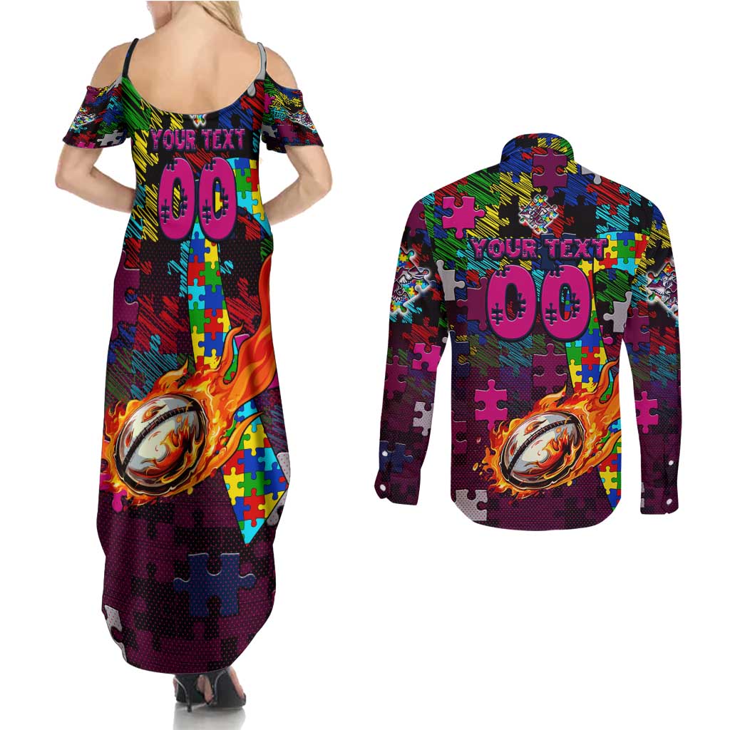 Sea Eagles Autism Awareness Couples Matching Summer Maxi Dress and Long Sleeve Button Shirt Puzzle Flames Rugby Ball