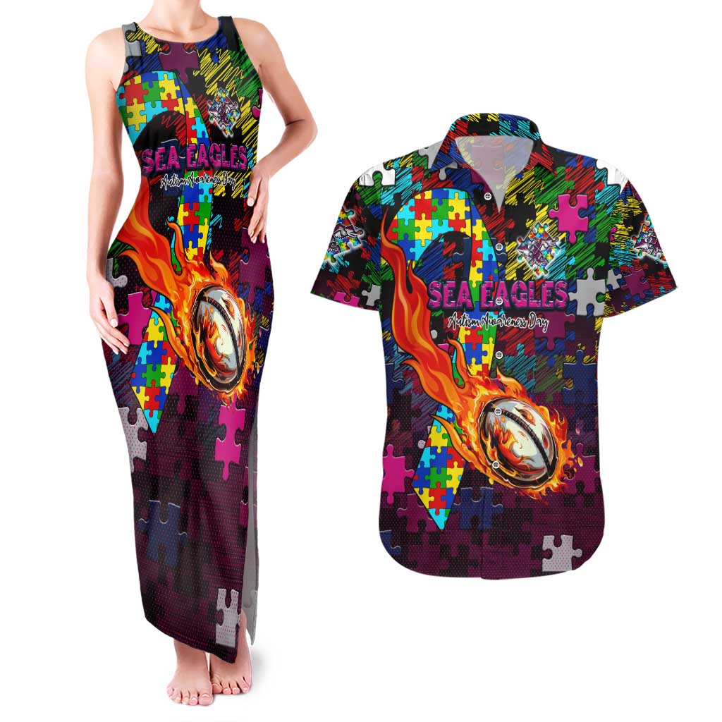 Sea Eagles Autism Awareness Couples Matching Tank Maxi Dress and Hawaiian Shirt Puzzle Flames Rugby Ball