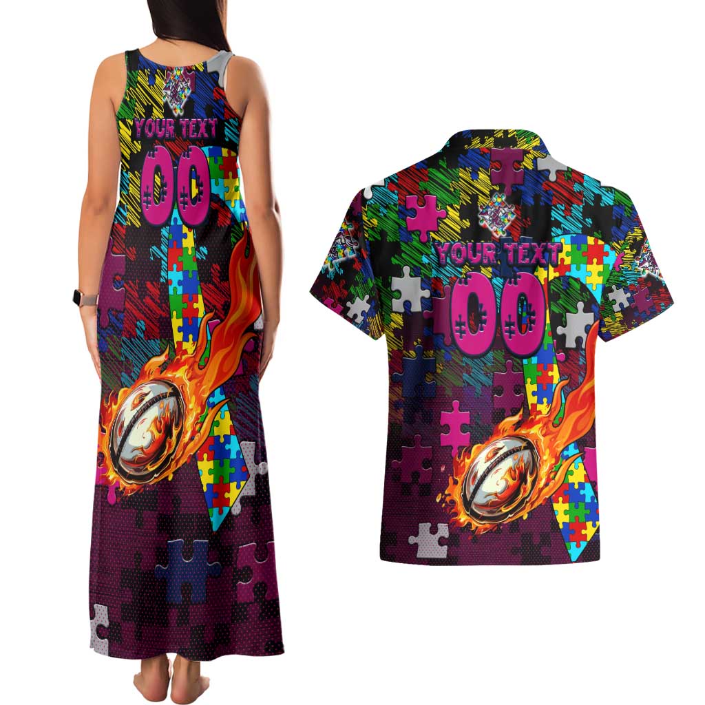 Sea Eagles Autism Awareness Couples Matching Tank Maxi Dress and Hawaiian Shirt Puzzle Flames Rugby Ball