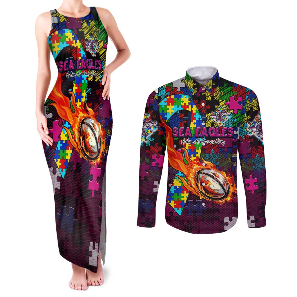 Sea Eagles Autism Awareness Couples Matching Tank Maxi Dress and Long Sleeve Button Shirt Puzzle Flames Rugby Ball