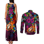 Sea Eagles Autism Awareness Couples Matching Tank Maxi Dress and Long Sleeve Button Shirt Puzzle Flames Rugby Ball
