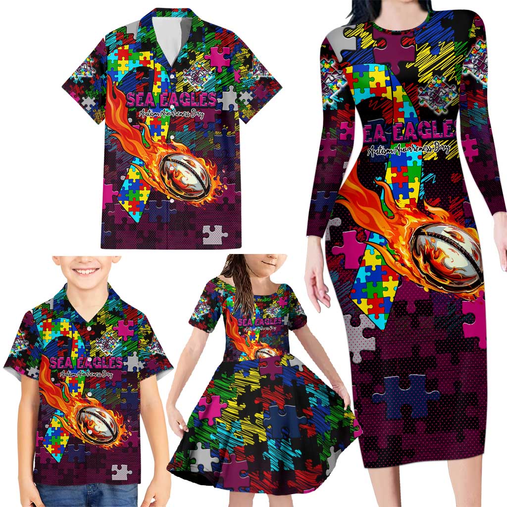 Sea Eagles Autism Awareness Family Matching Long Sleeve Bodycon Dress and Hawaiian Shirt Puzzle Flames Rugby Ball