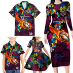Sea Eagles Autism Awareness Family Matching Long Sleeve Bodycon Dress and Hawaiian Shirt Puzzle Flames Rugby Ball
