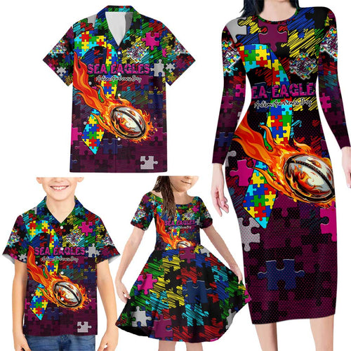 Sea Eagles Autism Awareness Family Matching Long Sleeve Bodycon Dress and Hawaiian Shirt Puzzle Flames Rugby Ball