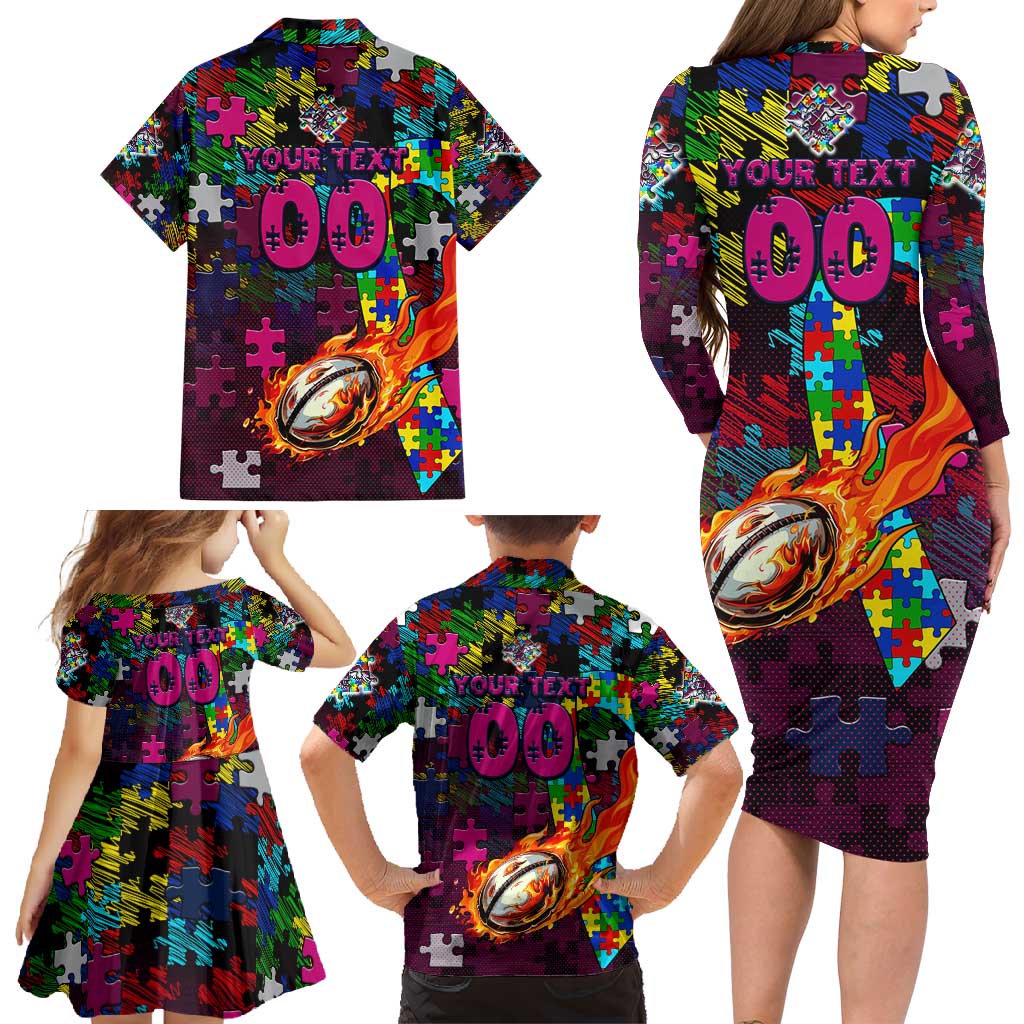 Sea Eagles Autism Awareness Family Matching Long Sleeve Bodycon Dress and Hawaiian Shirt Puzzle Flames Rugby Ball
