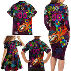 Sea Eagles Autism Awareness Family Matching Long Sleeve Bodycon Dress and Hawaiian Shirt Puzzle Flames Rugby Ball