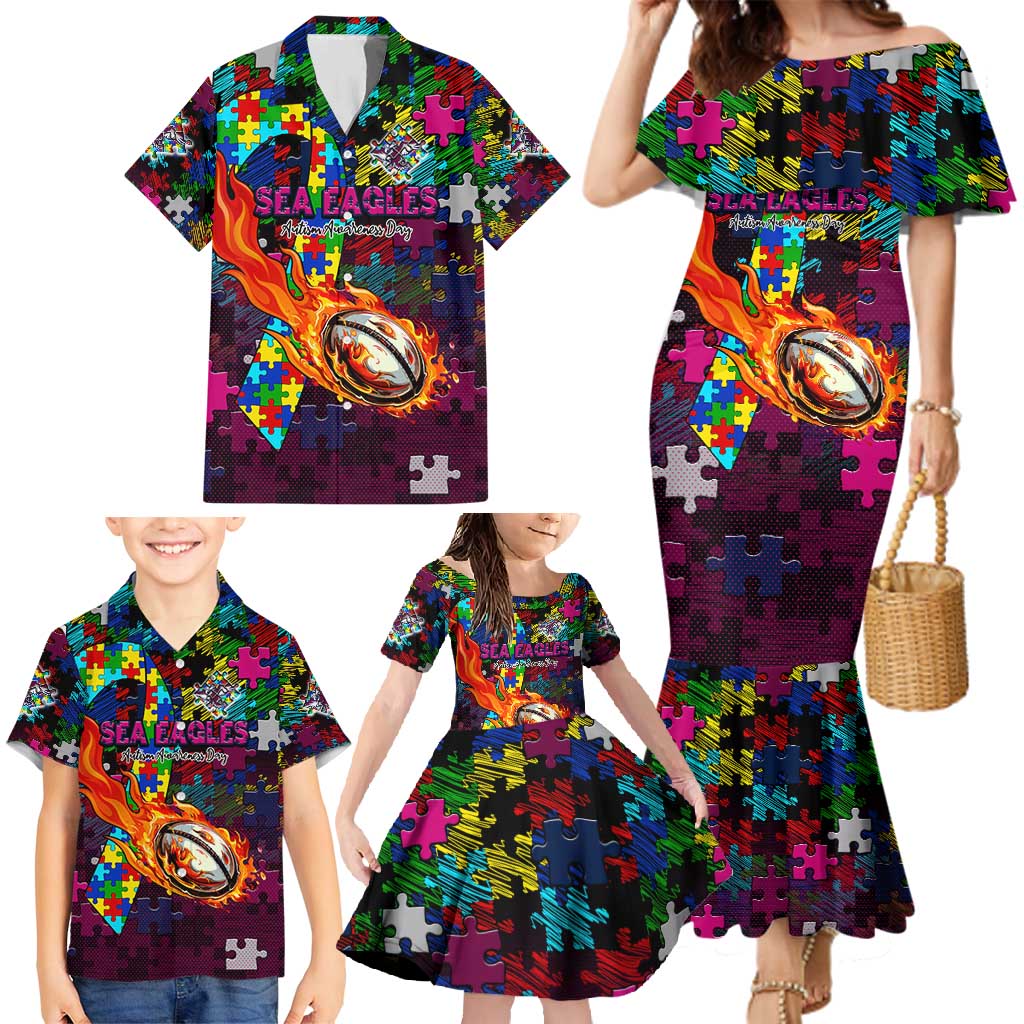Sea Eagles Autism Awareness Family Matching Mermaid Dress and Hawaiian Shirt Puzzle Flames Rugby Ball