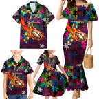 Sea Eagles Autism Awareness Family Matching Mermaid Dress and Hawaiian Shirt Puzzle Flames Rugby Ball