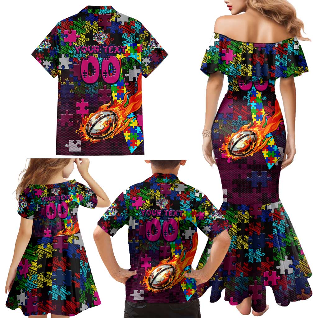 Sea Eagles Autism Awareness Family Matching Mermaid Dress and Hawaiian Shirt Puzzle Flames Rugby Ball