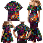 Sea Eagles Autism Awareness Family Matching Mermaid Dress and Hawaiian Shirt Puzzle Flames Rugby Ball