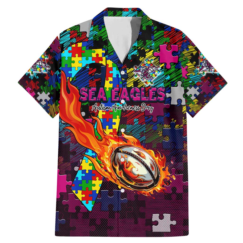 Sea Eagles Autism Awareness Family Matching Mermaid Dress and Hawaiian Shirt Puzzle Flames Rugby Ball