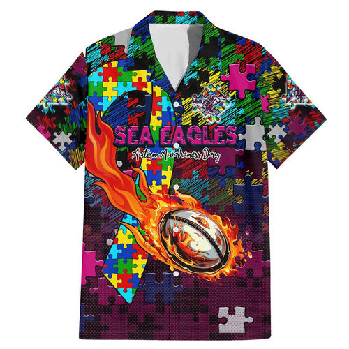 Sea Eagles Autism Awareness Family Matching Mermaid Dress and Hawaiian Shirt Puzzle Flames Rugby Ball