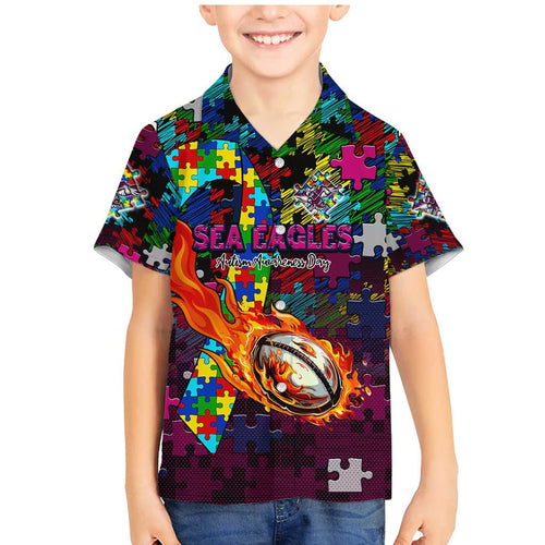 Sea Eagles Autism Awareness Family Matching Mermaid Dress and Hawaiian Shirt Puzzle Flames Rugby Ball
