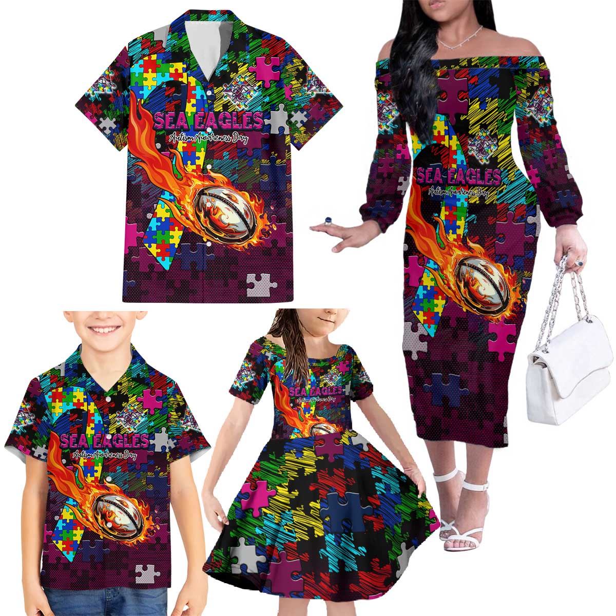 Sea Eagles Autism Awareness Family Matching Off The Shoulder Long Sleeve Dress and Hawaiian Shirt Puzzle Flames Rugby Ball