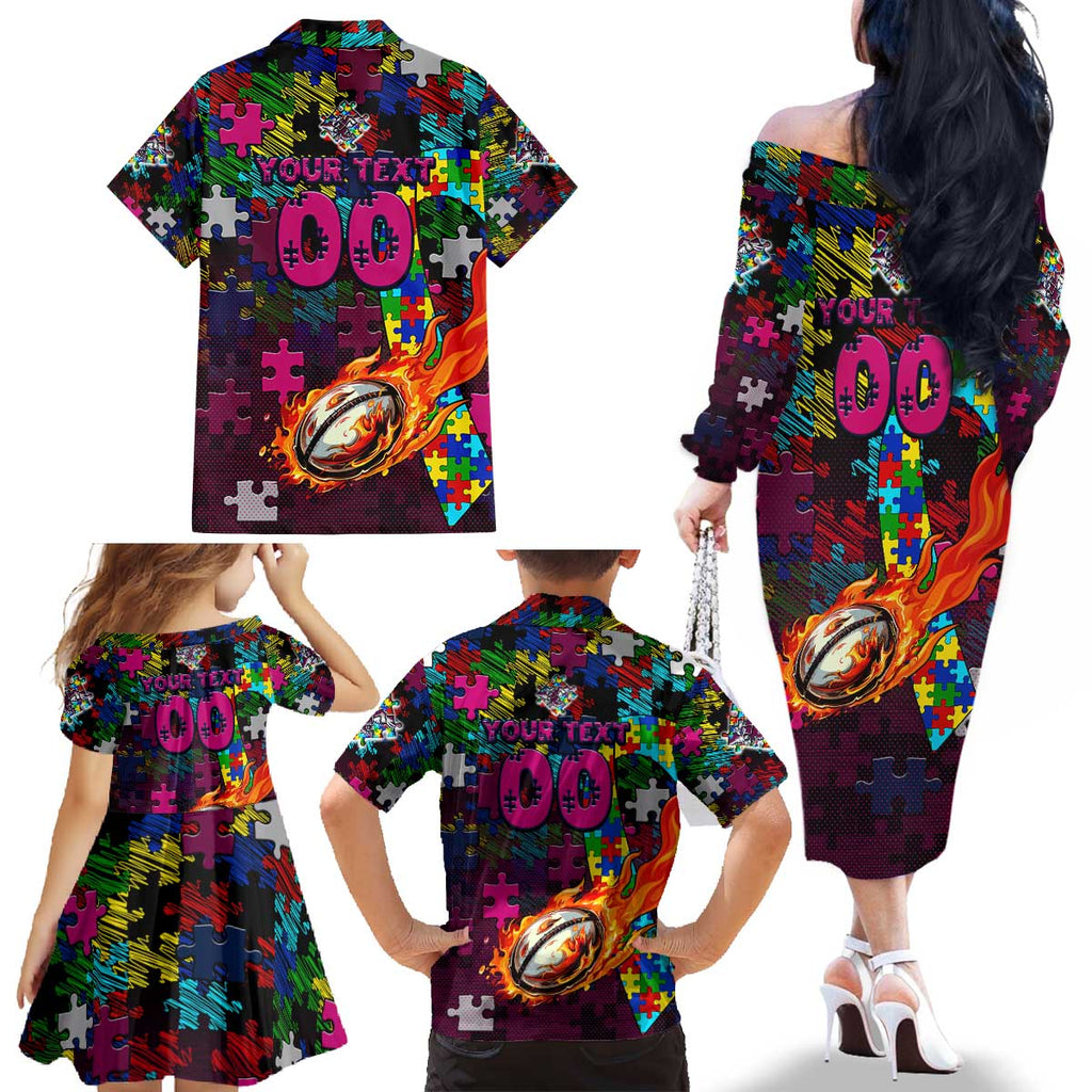 Sea Eagles Autism Awareness Family Matching Off The Shoulder Long Sleeve Dress and Hawaiian Shirt Puzzle Flames Rugby Ball