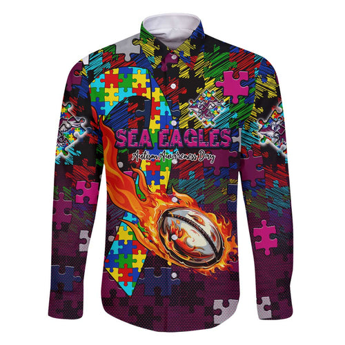 Sea Eagles Autism Awareness Family Matching Off The Shoulder Long Sleeve Dress and Hawaiian Shirt Puzzle Flames Rugby Ball