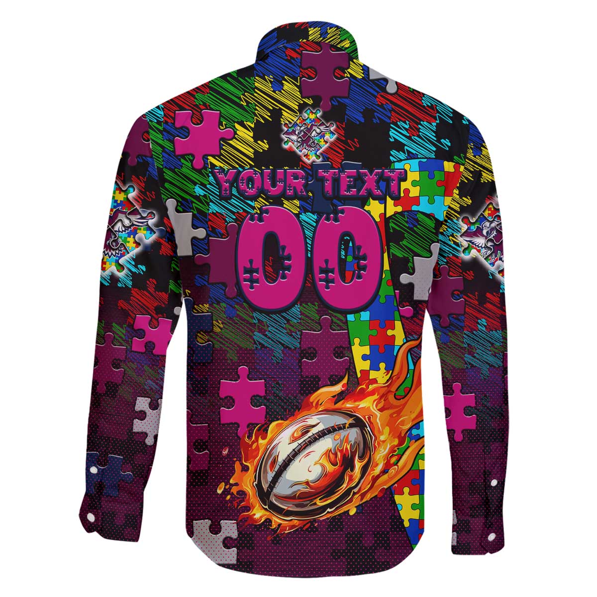 Sea Eagles Autism Awareness Family Matching Off The Shoulder Long Sleeve Dress and Hawaiian Shirt Puzzle Flames Rugby Ball