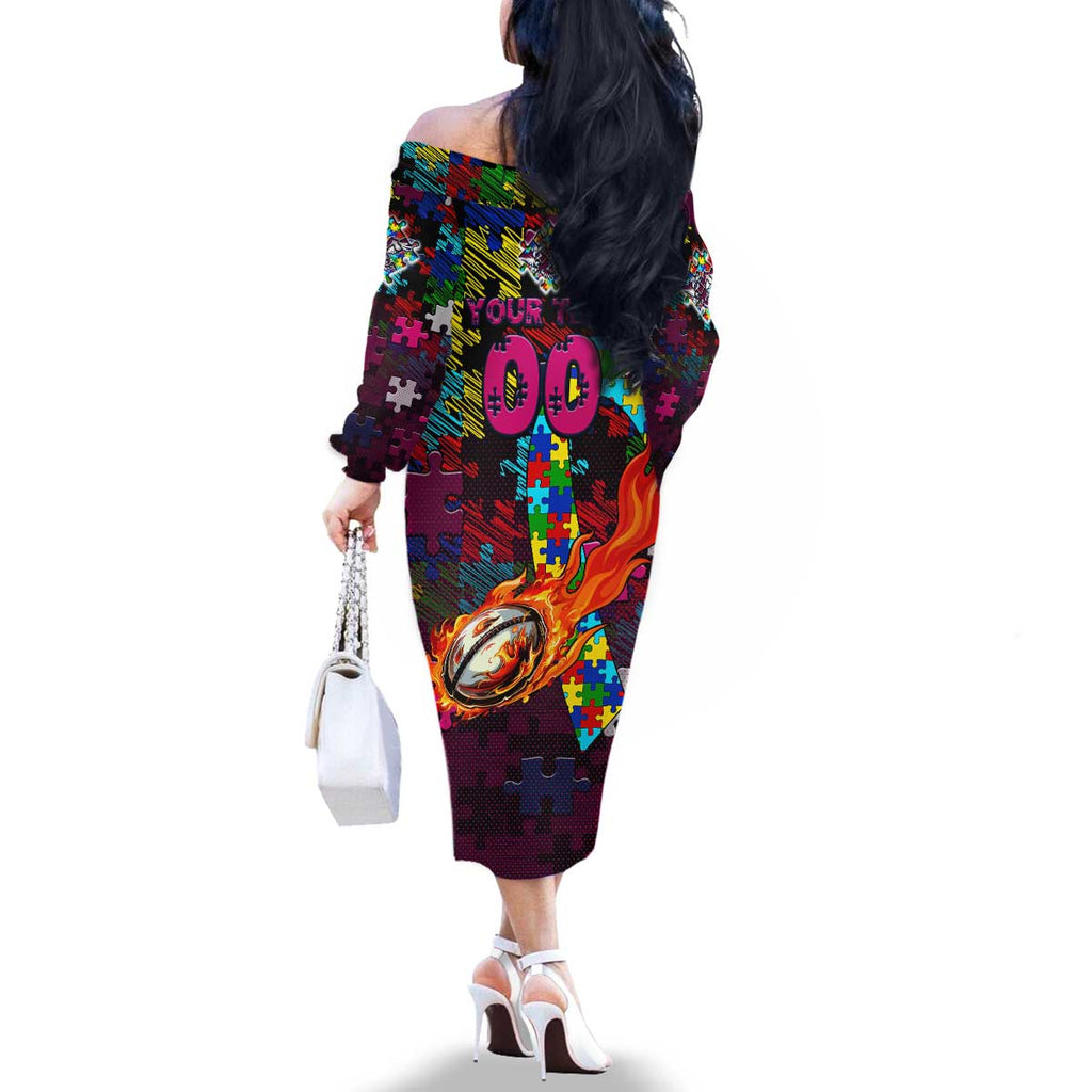 Sea Eagles Autism Awareness Family Matching Off The Shoulder Long Sleeve Dress and Hawaiian Shirt Puzzle Flames Rugby Ball