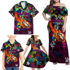Sea Eagles Autism Awareness Family Matching Off Shoulder Maxi Dress and Hawaiian Shirt Puzzle Flames Rugby Ball