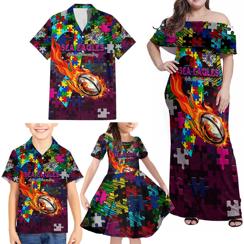 Sea Eagles Autism Awareness Family Matching Off Shoulder Maxi Dress and Hawaiian Shirt Puzzle Flames Rugby Ball