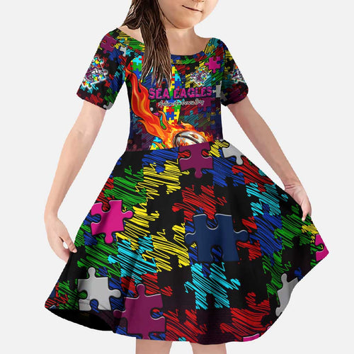 Sea Eagles Autism Awareness Family Matching Off Shoulder Maxi Dress and Hawaiian Shirt Puzzle Flames Rugby Ball
