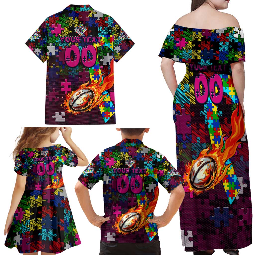 Sea Eagles Autism Awareness Family Matching Off Shoulder Maxi Dress and Hawaiian Shirt Puzzle Flames Rugby Ball