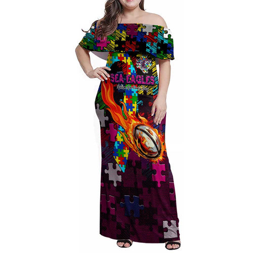 Sea Eagles Autism Awareness Family Matching Off Shoulder Maxi Dress and Hawaiian Shirt Puzzle Flames Rugby Ball