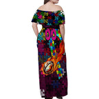 Sea Eagles Autism Awareness Family Matching Off Shoulder Maxi Dress and Hawaiian Shirt Puzzle Flames Rugby Ball