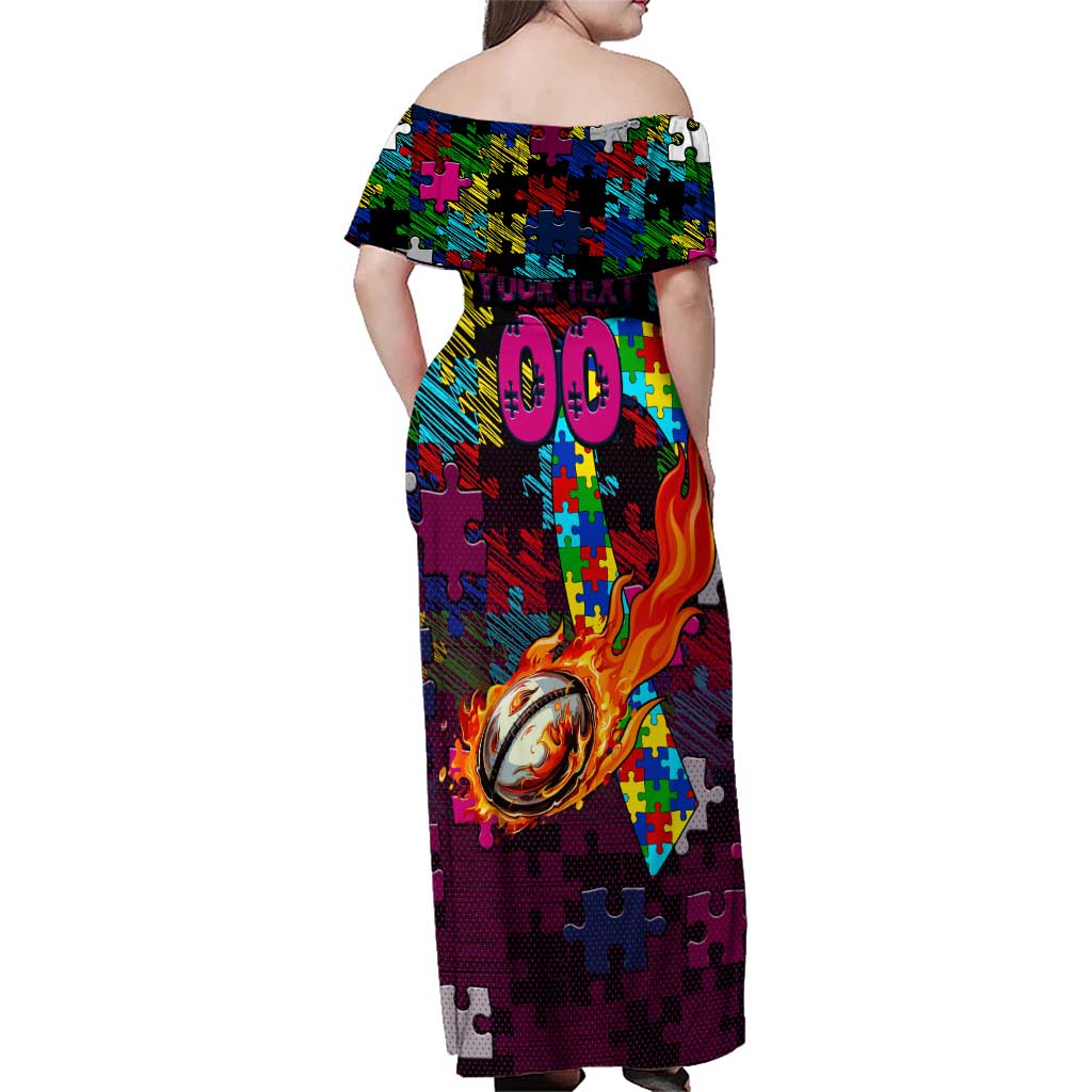 Sea Eagles Autism Awareness Family Matching Off Shoulder Maxi Dress and Hawaiian Shirt Puzzle Flames Rugby Ball
