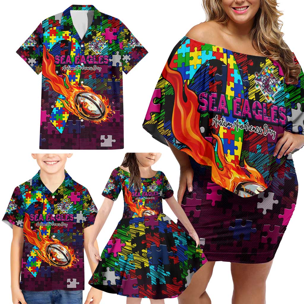 Sea Eagles Autism Awareness Family Matching Off Shoulder Short Dress and Hawaiian Shirt Puzzle Flames Rugby Ball