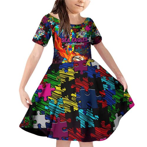 Sea Eagles Autism Awareness Family Matching Off Shoulder Short Dress and Hawaiian Shirt Puzzle Flames Rugby Ball