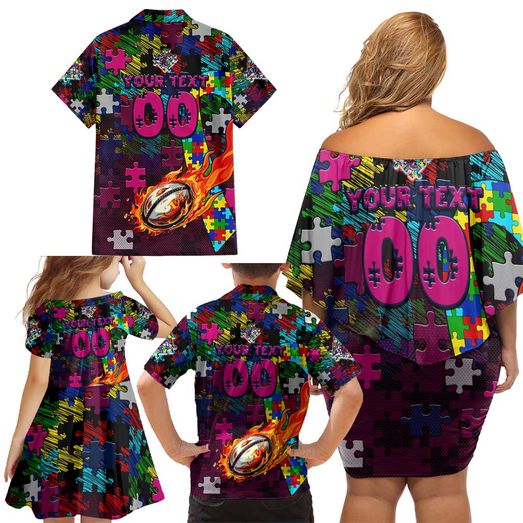 Sea Eagles Autism Awareness Family Matching Off Shoulder Short Dress and Hawaiian Shirt Puzzle Flames Rugby Ball