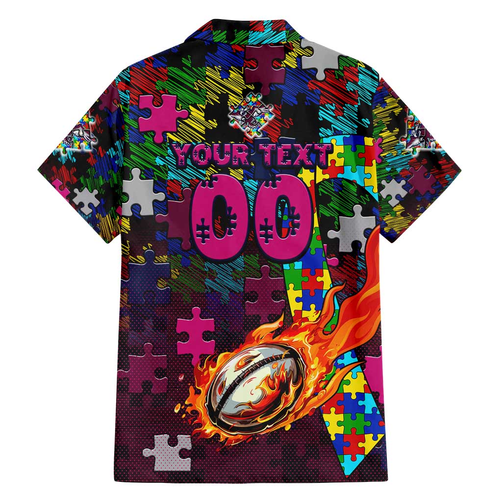 Sea Eagles Autism Awareness Family Matching Off Shoulder Short Dress and Hawaiian Shirt Puzzle Flames Rugby Ball